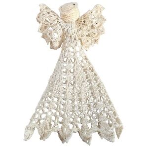 VTG Handmade Cotton Starched Crochet White Tree Topper Ornament White 9”